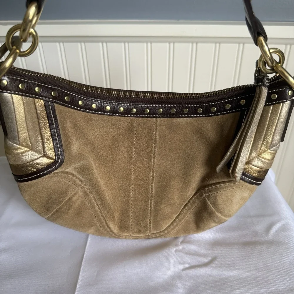 Vintage Coach Brown Tan Suede Small Hobo Shoulder Bag Purse Metallic Accents
